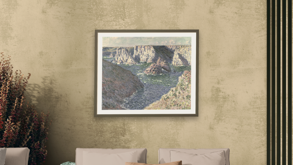 The Rocks of Belle Ile by Claude Monet, shown at 32 × 40 in (81.3 × 101.6 cm) in Ramino Satin Black, living