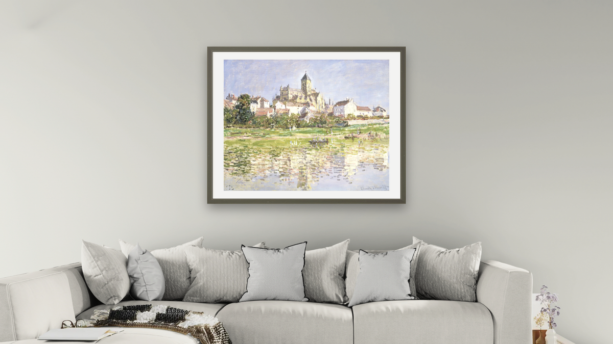 The Church at Vetheuil by Claude Monet, shown at 32 × 40 in (81.3 × 101.6 cm) in Ramino Satin Black, living