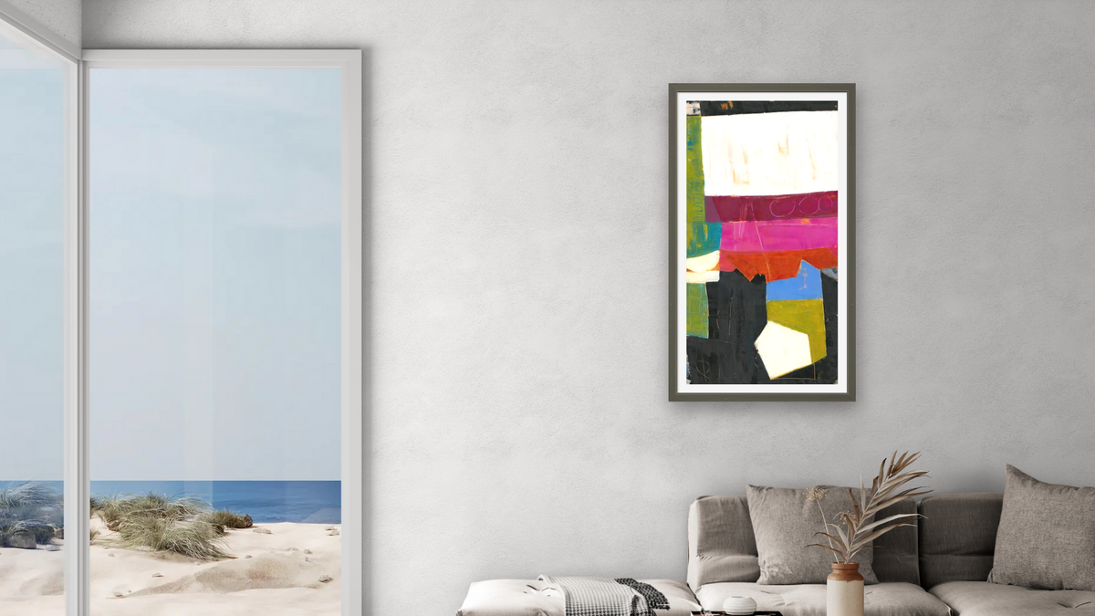 Desert Moon by Louise Gaskill, shown at 20 × 40 in (50.8 × 101.6 cm) in Ramino Satin Black, living