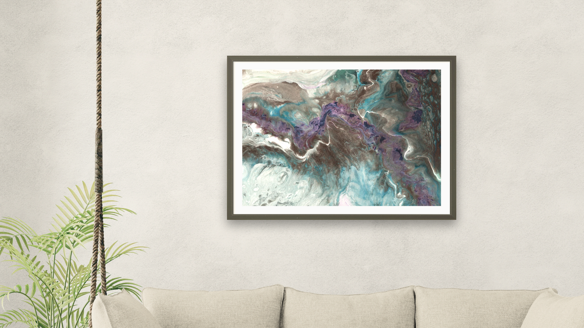 Wild River by Corrina Leidy, shown at 30 × 40 in (76.2 × 101.6 cm) in Ramino Satin Black, living