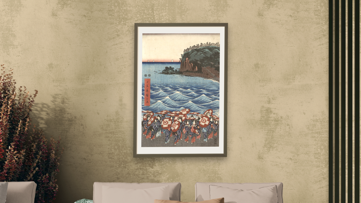 Opening Celebration of Benzaiten Shrine at Enoshima by Andō Hiroshige, shown at 28 × 42 in (71.1 × 106.7 cm) in Ramino Satin Black, living