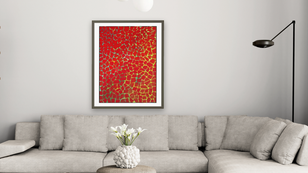 Delightful Song by Red Dahlia by Alma Thomas, shown at 30 × 40 in (76.2 × 101.6 cm) in Ramino Satin Black, living