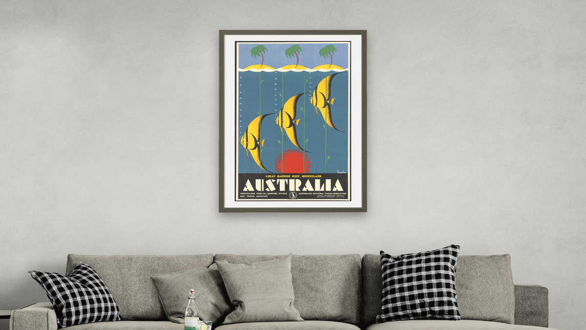 BPL Travel Posters, shown at 28 × 42 in (71.1 × 106.7 cm) in Ramino Satin Black, living