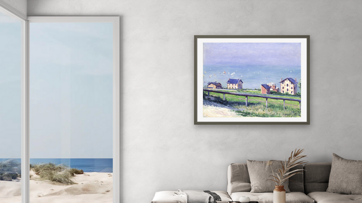 Regatta at Trouville by Gustave Caillebotte, shown at 32 × 40 in (81.3 × 101.6 cm) in Ramino Satin Black, living