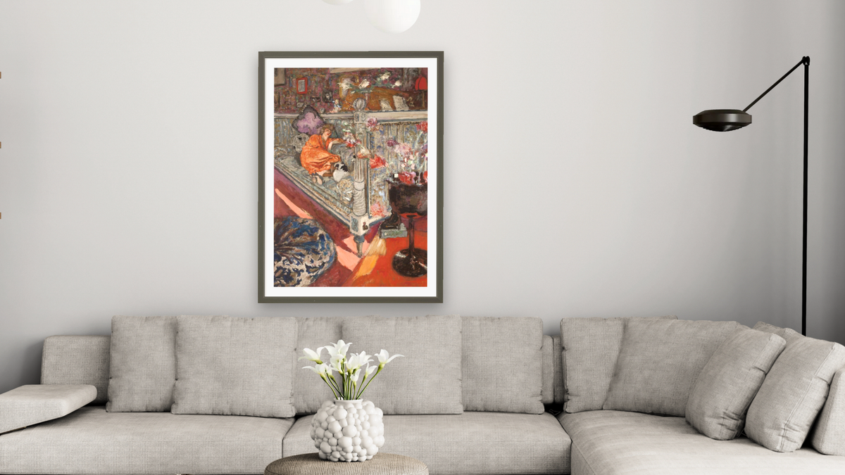 Yvonne Printemps on the Sofa by Édouard Vuillard, shown at 28 × 42 in (71.1 × 106.7 cm) in Ramino Satin Black, living