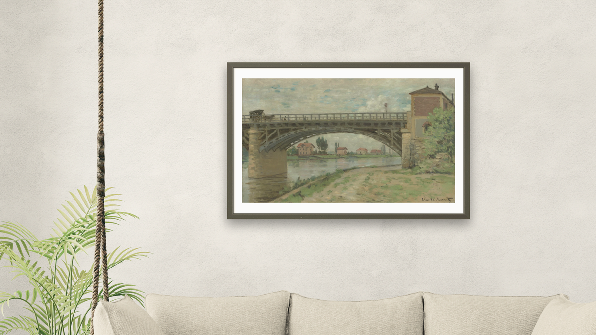 Le Pont dArgenteuil / The Highway Bridge viewed from the Port by Claude Monet, shown at 28 × 42 in (71.1 × 106.7 cm) in Ramino Satin Black, living