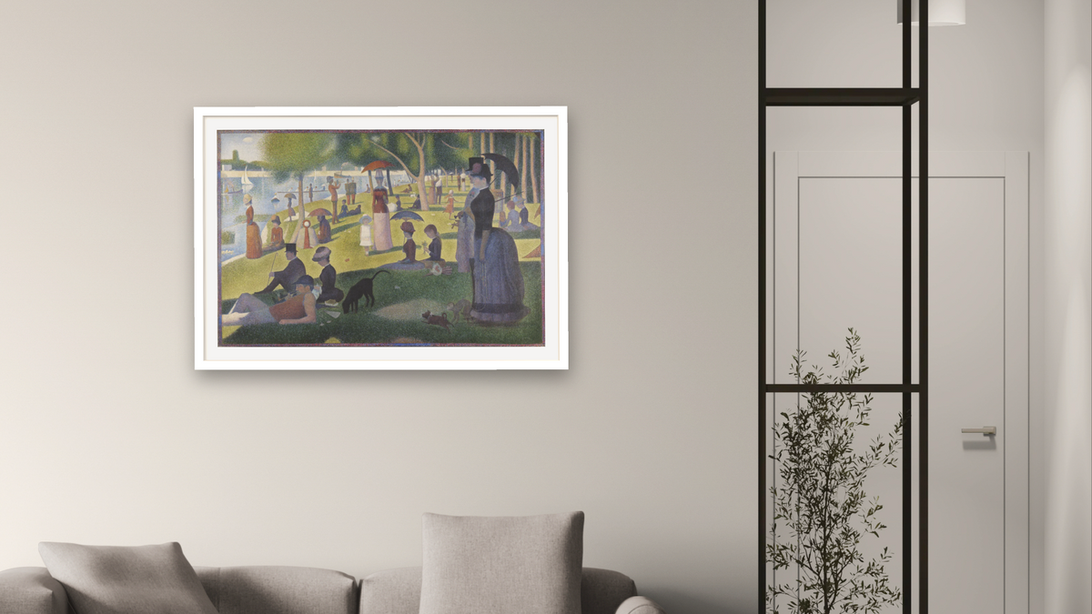 A Sunday on La Grande Jatte -- 1884 by Georges Seurat, shown at 28 × 42 in (71.1 × 106.7 cm) in Ramino Satin Black, living
