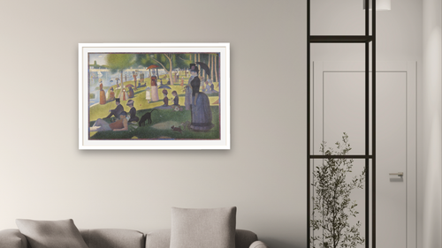 A Sunday on La Grande Jatte -- 1884 by Georges Seurat, shown at 28 × 42 in (71.1 × 106.7 cm) in Ramino Satin Black, living [arteriel-render:v6:room_a:28x42@35,39]