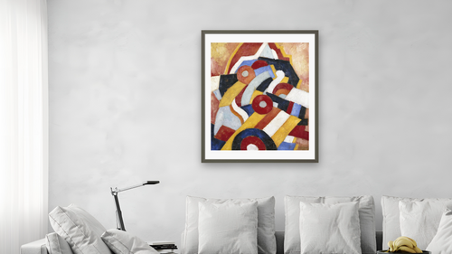 Abstraction by Marsden Hartley, shown at 32 × 40 in (81.3 × 101.6 cm) in Ramino Satin Black, living [arteriel-render:v6:room_a:32x40@57,38]