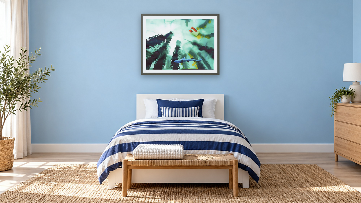 Kelp Forest by Alexis Rockman, shown at 30 × 40 in (76.2 × 101.6 cm) in Ramino Satin Black, kids' room