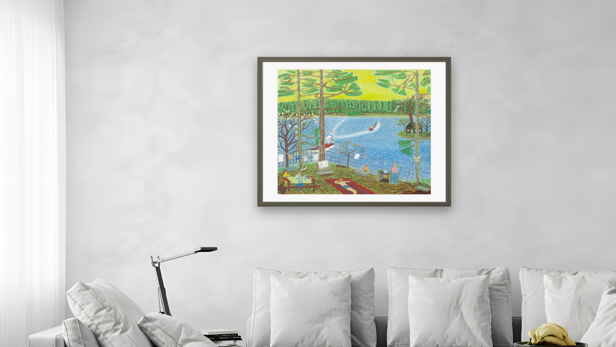Marc Fishing by Ralph Fasanella, shown at 32 × 40 in (81.3 × 101.6 cm) in Ramino Satin Black, living