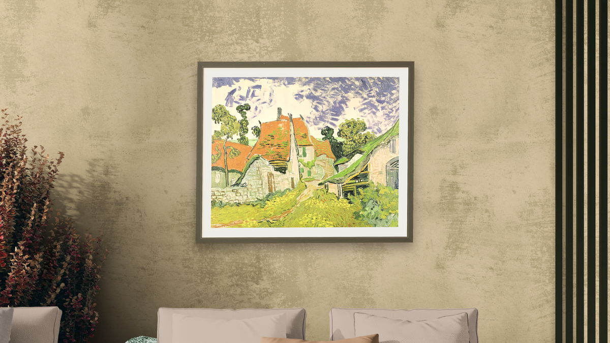 Street in Auvers-sur-Oise by Vincent van Gogh, shown at 32 × 40 in (81.3 × 101.6 cm) in Ramino Satin Black, living