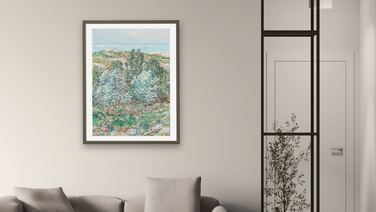 Springtime Vision by Childe Hassam, shown at 30 × 40 in (76.2 × 101.6 cm) in Ramino Satin Black, living