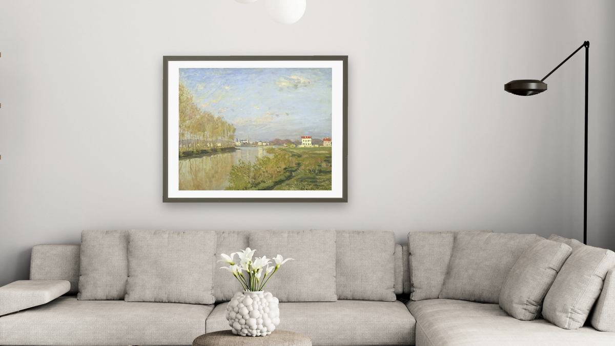 The Seine at Argenteuil by Claude Monet, shown at 32 × 40 in (81.3 × 101.6 cm) in Ramino Satin Black, living