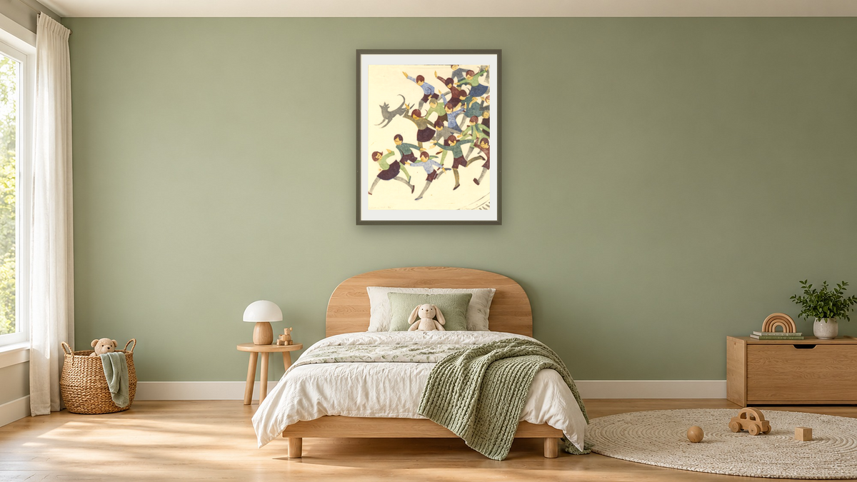 School is out by Ethel Spowers, shown at 32 × 40 in (81.3 × 101.6 cm) in Ramino Satin Black, kids' room