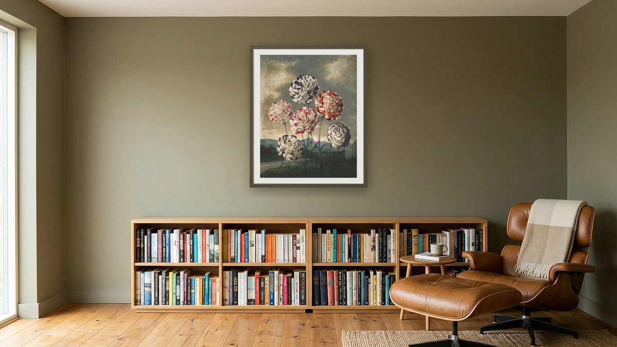 A Group of Carnations by Robert John Thornton, shown at 32 × 40 in (81.3 × 101.6 cm) in Ramino Satin Black, library