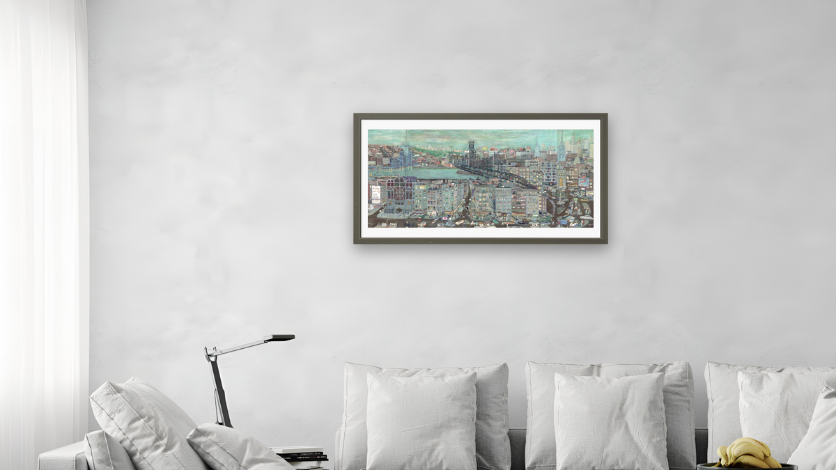New York City by Ralph Fasanella, shown at 20 × 40 in (50.8 × 101.6 cm) in Ramino Satin Black, living
