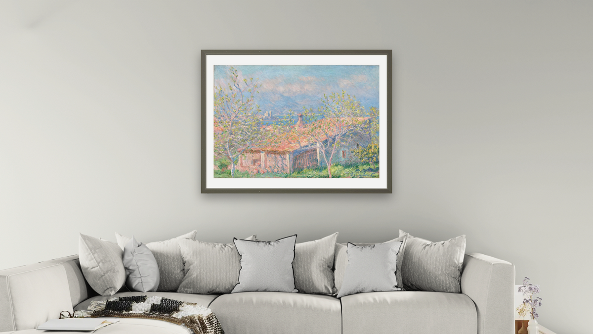 Gardener's House at Antibes by Claude Monet, shown at 30 × 40 in (76.2 × 101.6 cm) in Ramino Satin Black, living