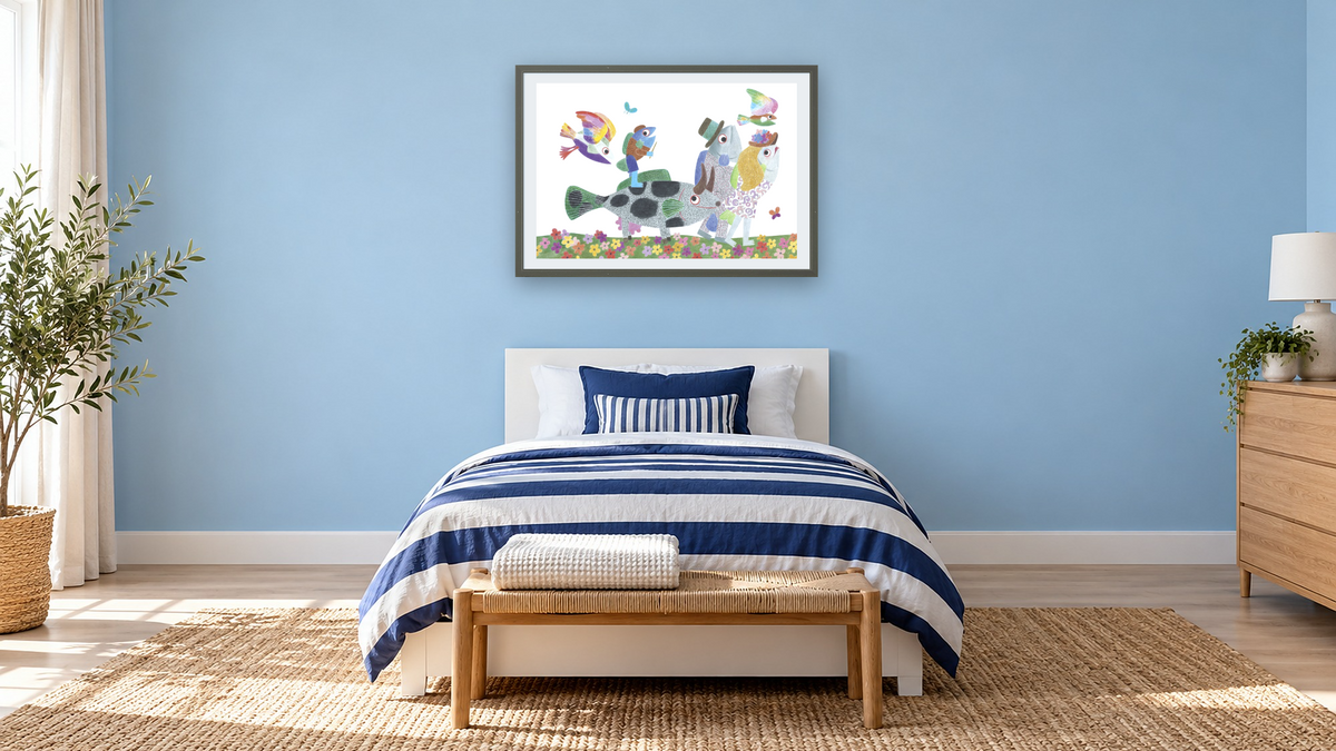 Fish is Fish XI by Leo Lionni, shown at 28 × 42 in (71.1 × 106.7 cm) in Ramino Satin Black, kids' room