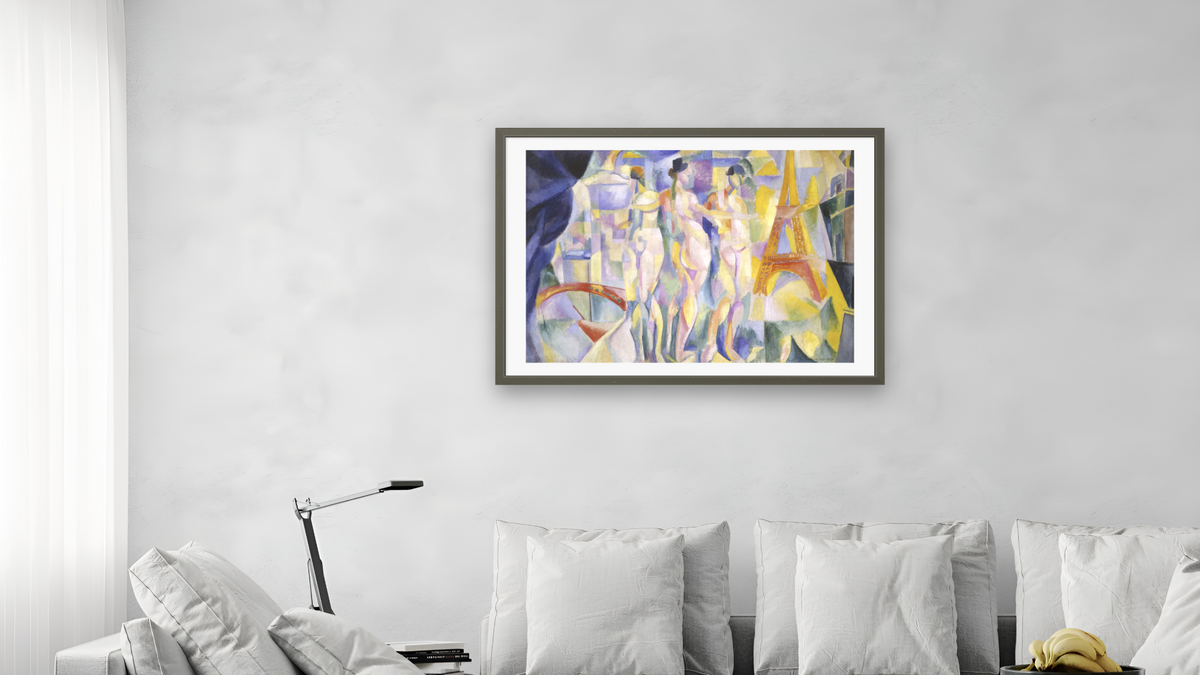 La Ville de Paris by Robert Delaunay, shown at 28 × 42 in (71.1 × 106.7 cm) in Ramino Satin Black, living
