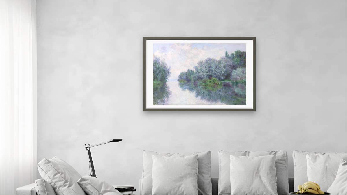 The Seine at Giverny by Claude Monet, shown at 28 × 42 in (71.1 × 106.7 cm) in Ramino Satin Black, living