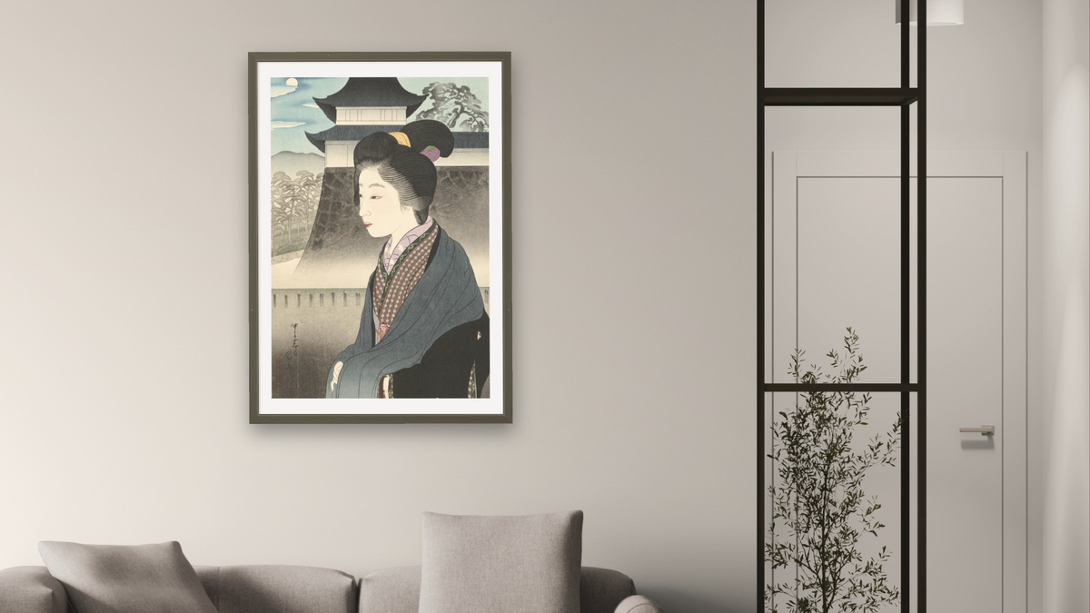 Moonlight at Nijo Castle (Nijo-jo no Tsuki) by Miki Suizan, shown at 28 × 42 in (71.1 × 106.7 cm) in Ramino Satin Black, living