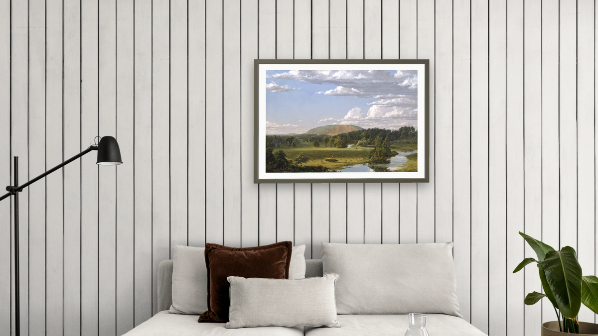 West Rock, New Haven by Frederic Edwin Church, shown at 28 × 42 in (71.1 × 106.7 cm) in Ramino Satin Black, living