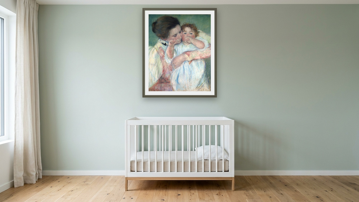 Mother and child on green background or Maternity by Mary Cassatt, shown at 32 × 40 in (81.3 × 101.6 cm) in Ramino Satin Black, nursery