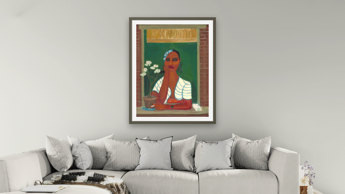 Latin Lady in Window by Ralph Fasanella, shown at 30 × 40 in (76.2 × 101.6 cm) in Ramino Satin Black, living