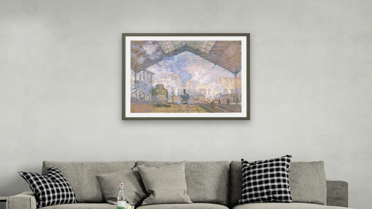 The Gare St. Lazare by Claude Monet, shown at 30 × 40 in (76.2 × 101.6 cm) in Ramino Satin Black, living