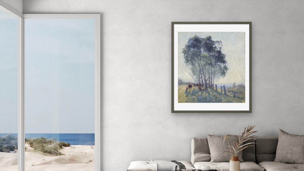 The wattles by Elioth Gruner, shown at 32 × 40 in (81.3 × 101.6 cm) in Ramino Satin Black, living