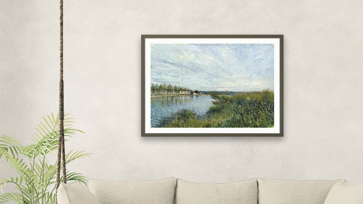 View of Saint-Mammes by Alfred Sisley, shown at 30 × 40 in (76.2 × 101.6 cm) in Ramino Satin Black, living