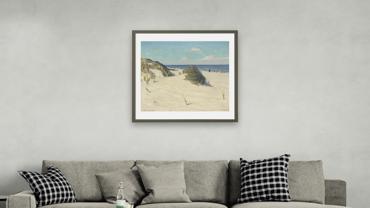 Across Sunny Sands by Frank V. Dudley, shown at 32 × 32 in (81.3 × 81.3 cm) in Ramino Satin Black, living