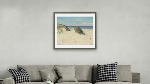 Across Sunny Sands by Frank V. Dudley, shown at 32 × 32 in (81.3 × 81.3 cm) in Ramino Satin Black, living [arteriel-render:v6:room_a:32x32@50,37]