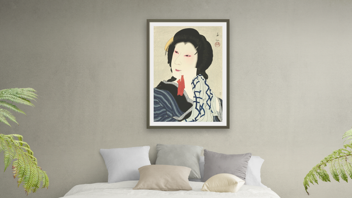 The Actor Ichikawa Kigan as Otomi by Natori Shunsen, shown at 28 × 42 in (71.1 × 106.7 cm) in Ramino Satin Black, bedroom