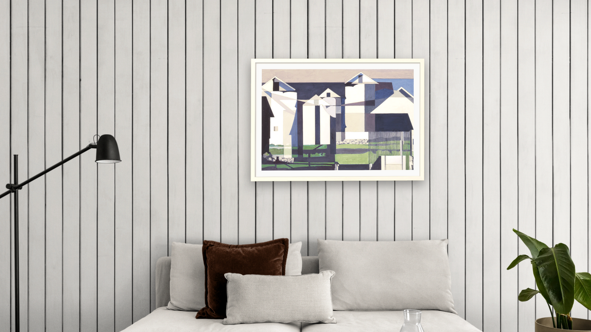 On a Connecticut Theme #2 (Bucolic Landscape #2) by Charles Sheeler, shown at 28 × 42 in (71.1 × 106.7 cm) in Ramino Opaque White, living