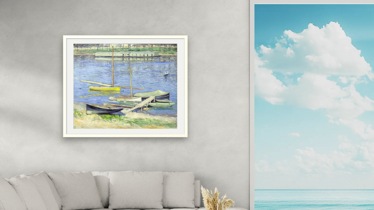 Boats Moored at Argenteuil by Gustave Caillebotte, shown at 32 × 40 in (81.3 × 101.6 cm) in Ramino Opaque White, living