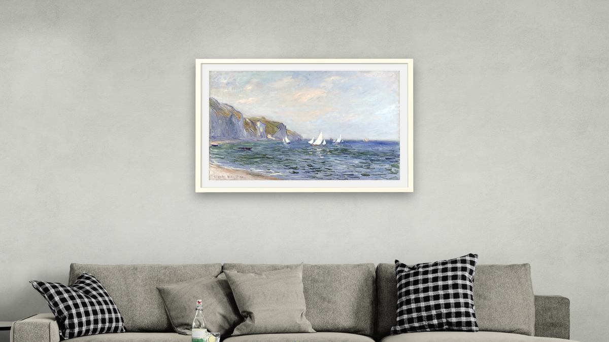 Cliffs and Sailboats at Pourville by Claude Monet, shown at 28 × 42 in (71.1 × 106.7 cm) in Ramino Opaque White, living