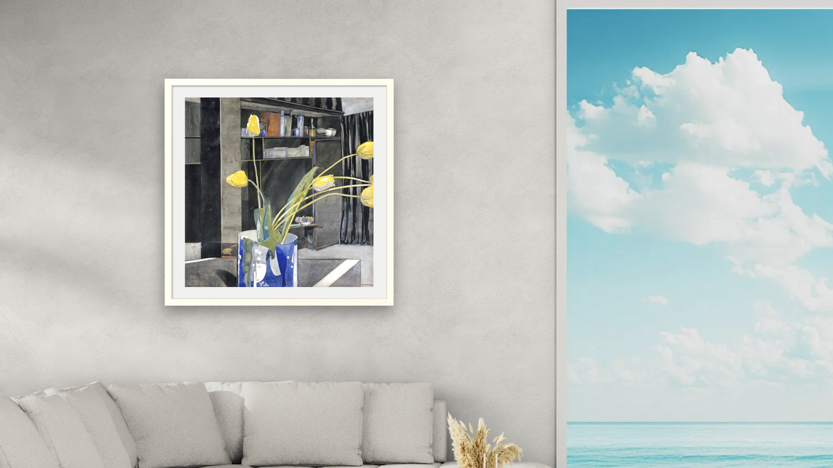 Yellow Tulips by Charles Rennie Mackintosh, shown at 32 × 32 in (81.3 × 81.3 cm) in Ramino Opaque White, living