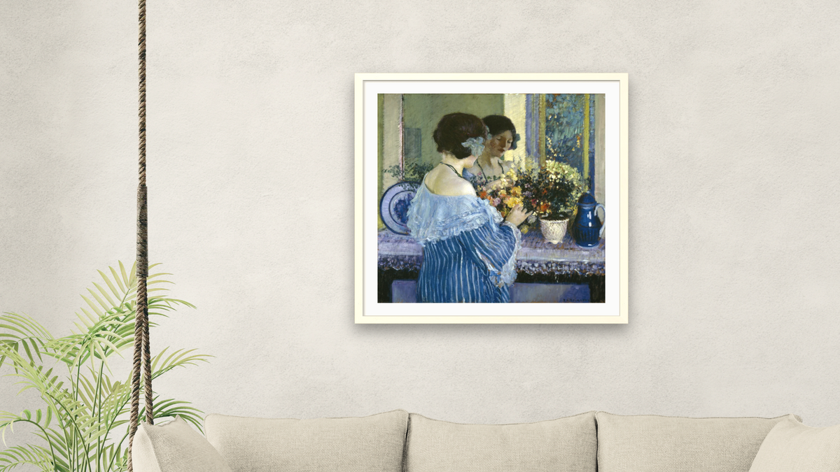 Girl in Blue Arranging Flowers by Frederick Carl Frieseke, shown at 32 × 32 in (81.3 × 81.3 cm) in Ramino Opaque White, living