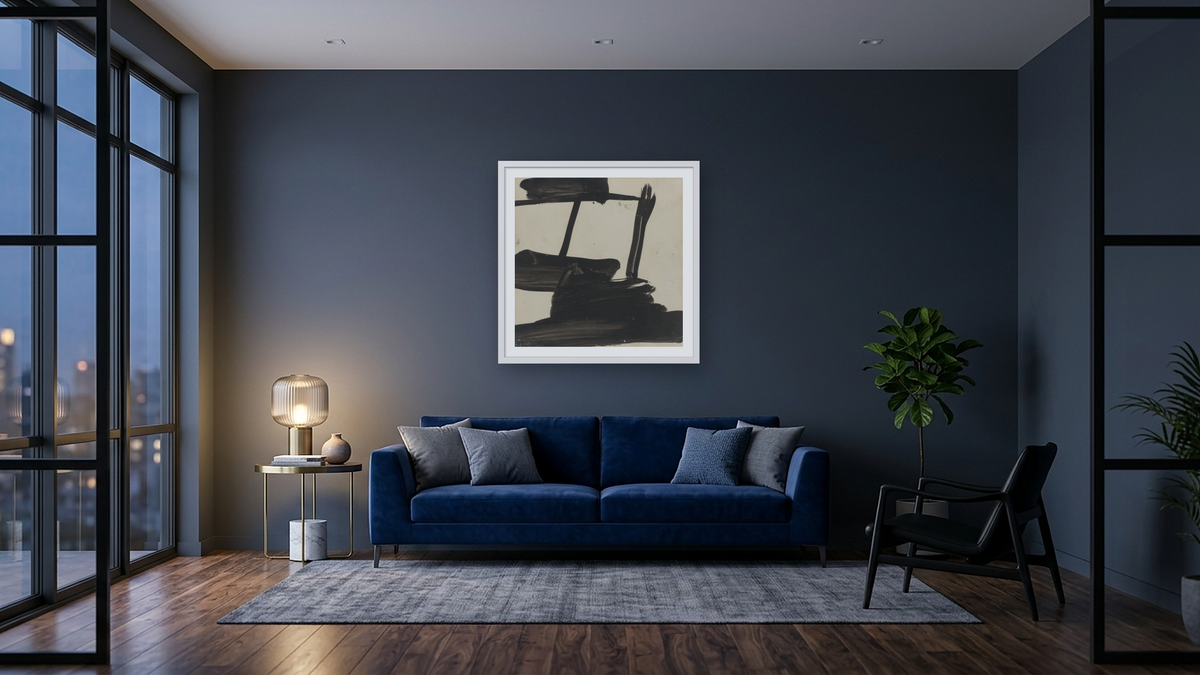 Study by Franz Kline, shown at 32 × 32 in (81.3 × 81.3 cm) in Ramino Opaque White, den