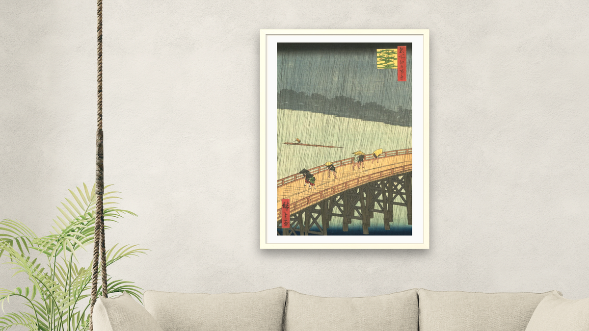 Sudden Shower over Shin-ohashi Bridge and Atake, from the series One Hundred Famous Views of Edo by Utagawa Hiroshige, shown at 28 × 42 in (71.1 × 106.7 cm) in Ramino Opaque White, living