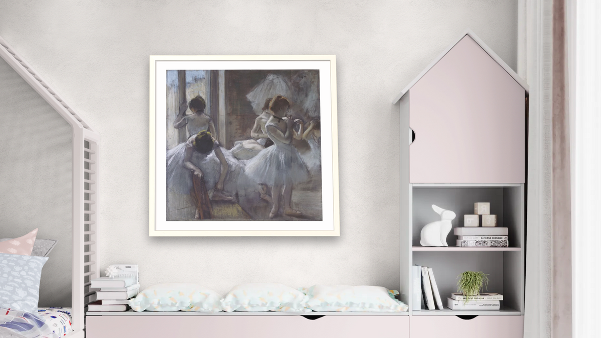 Dancers by Edgar Degas, shown at 32 × 32 in (81.3 × 81.3 cm) in Ramino Opaque White, bedroom