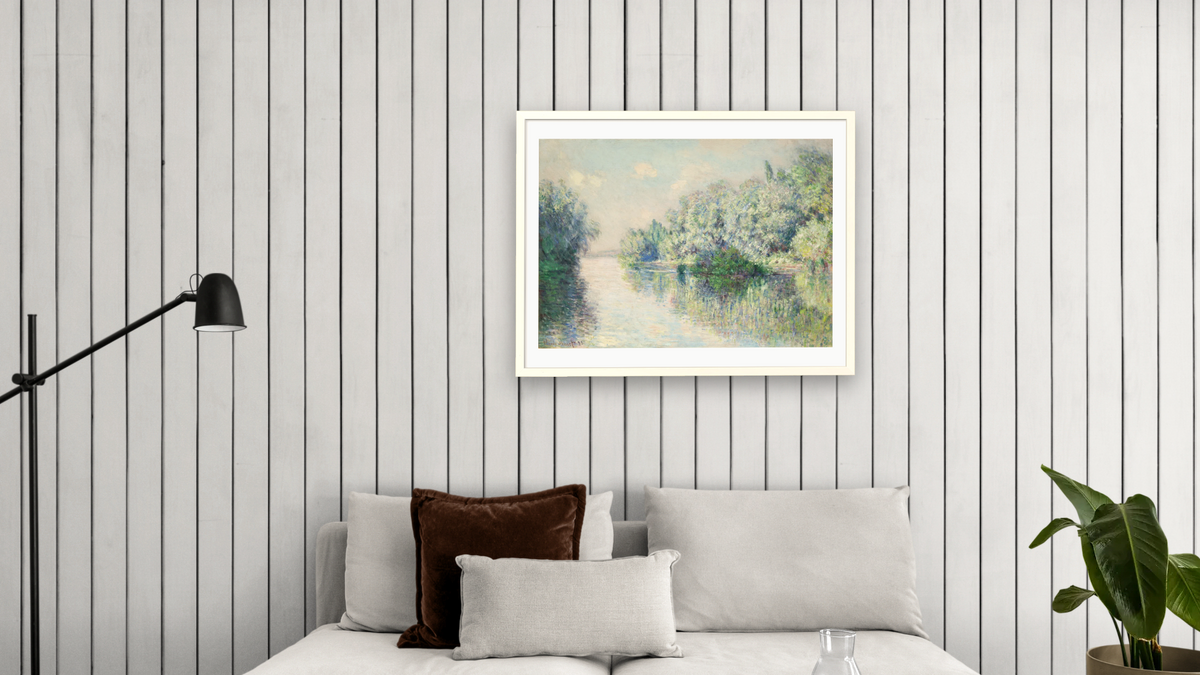 The Seine near Giverny by Claude Monet, shown at 30 × 40 in (76.2 × 101.6 cm) in Ramino Opaque White, living