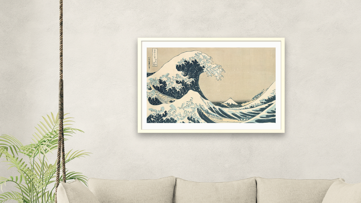 The Great Wave of Kanagawa, from the series '36 Views of Mt. Fuji' ('Fugaku sanjuokkei') pub. by Nishimura Eijudo by Katsushika Hokusai, shown at 28 × 42 in (71.1 × 106.7 cm) in Ramino Opaque White, living