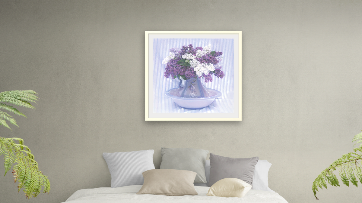 Lilacs by Kirsten Söderlind, shown at 32 × 32 in (81.3 × 81.3 cm) in Ramino Opaque White, bedroom