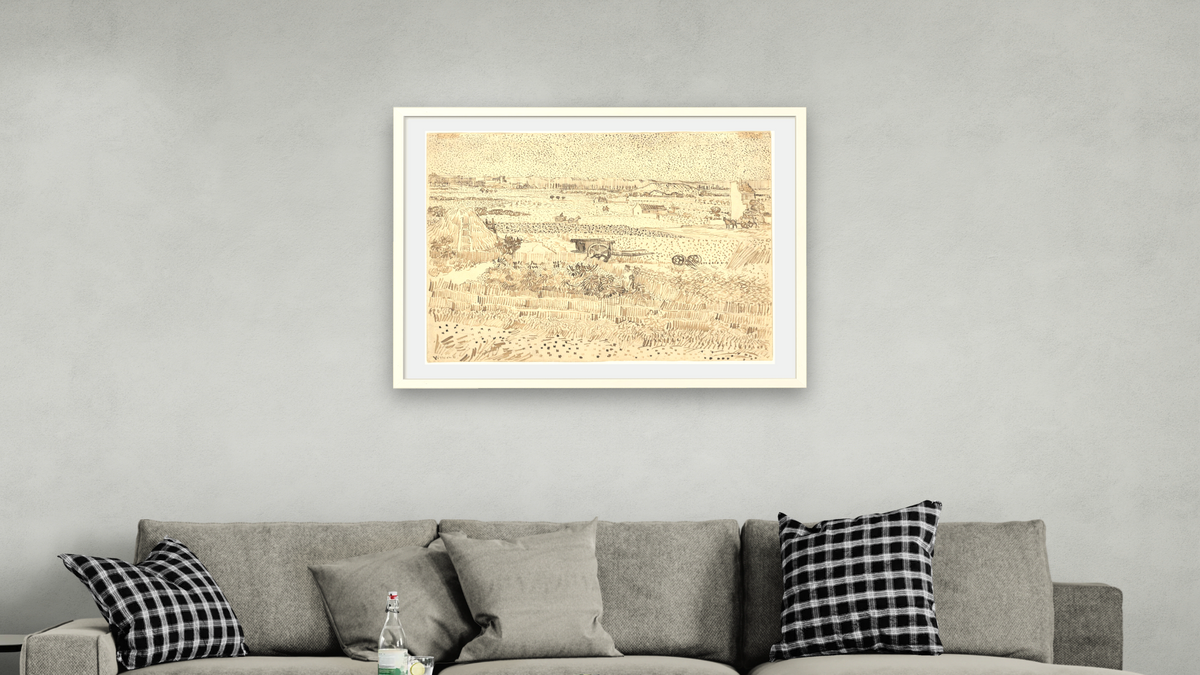 Harvest-The Plain of La Crau by Vincent van Gogh, shown at 30 × 40 in (76.2 × 101.6 cm) in Ramino Opaque White, living
