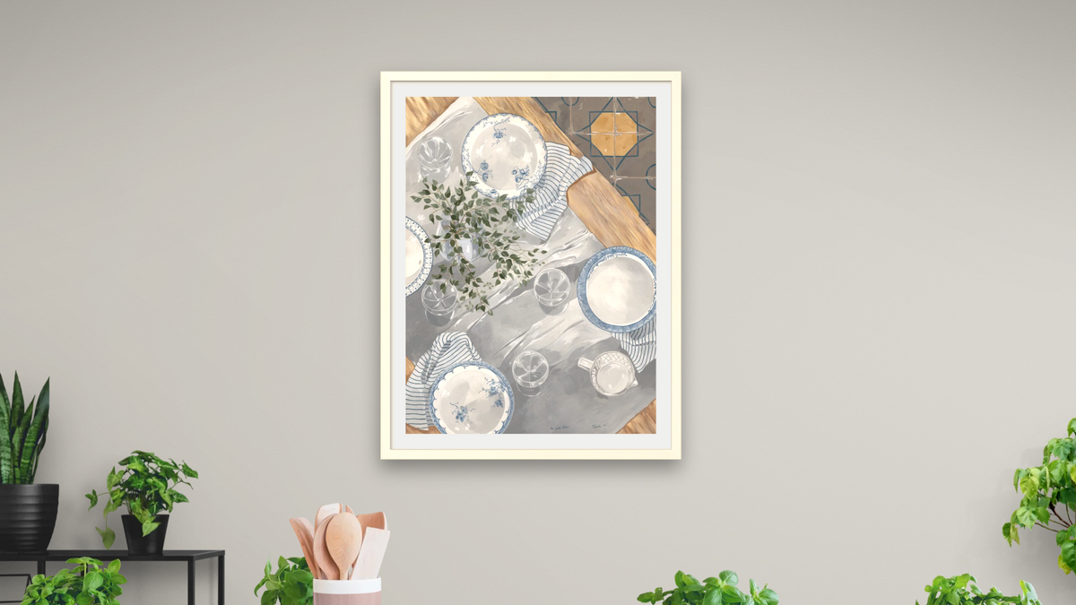 The Good Plates by Catherine Gerke, shown at 30 × 40 in (76.2 × 101.6 cm) in Ramino Opaque White, dining