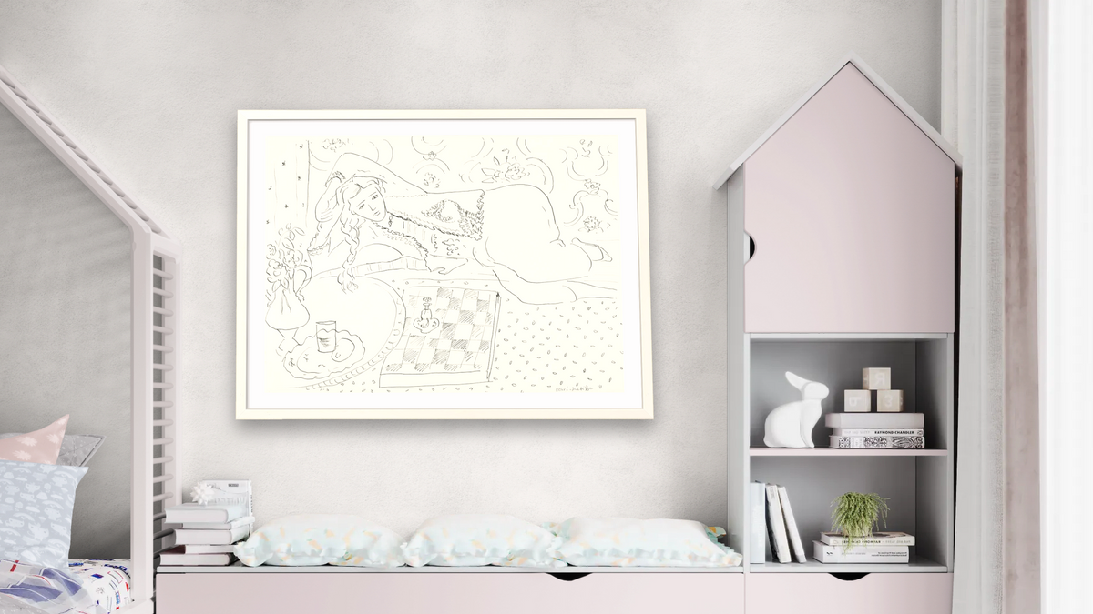 Reclining Odalisque with Checkerboard by Henri Matisse, shown at 30 × 40 in (76.2 × 101.6 cm) in Ramino Opaque White, bedroom