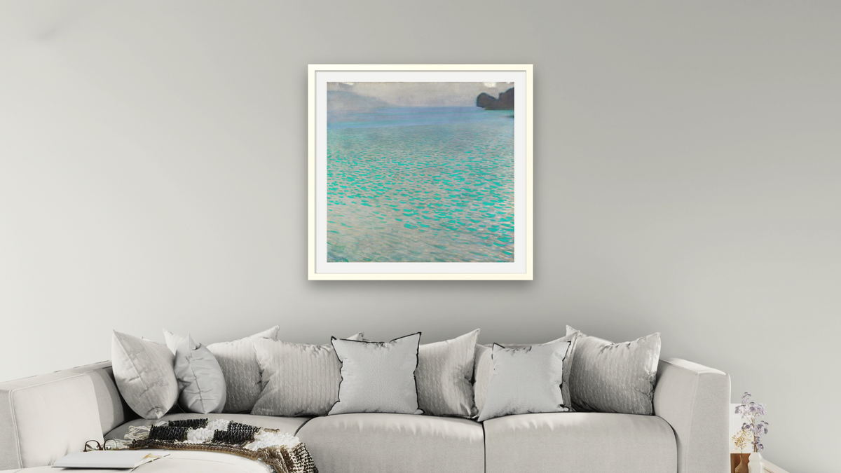 On Lake Attersee by Gustav Klimt, shown at 32 × 32 in (81.3 × 81.3 cm) in Ramino Opaque White, living